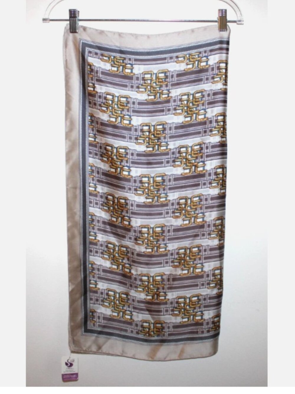 Shanghai Silk Museum Elegant Silk Scarf Gray Gold Chain Print NWT 28 x 28 Inch